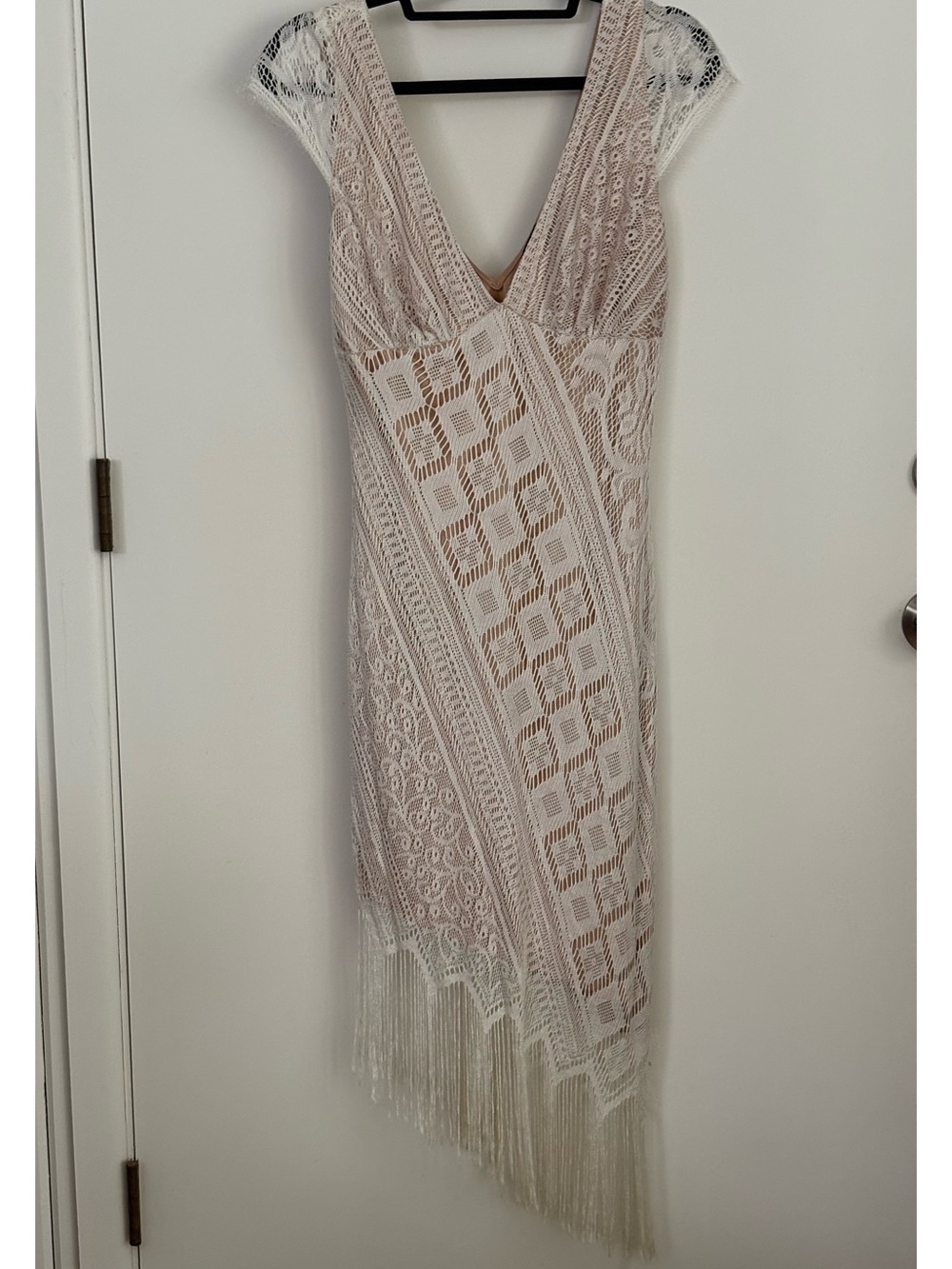 Asymmetrical Cream Lace Fringe V-Neck Dress by Moda International